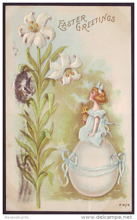 EASTER GREETINGS. GIRL WITH RABBIT ON GIANT EGG. LILY FLOWERS (PM 1907) - Andere & Zonder Classificatie