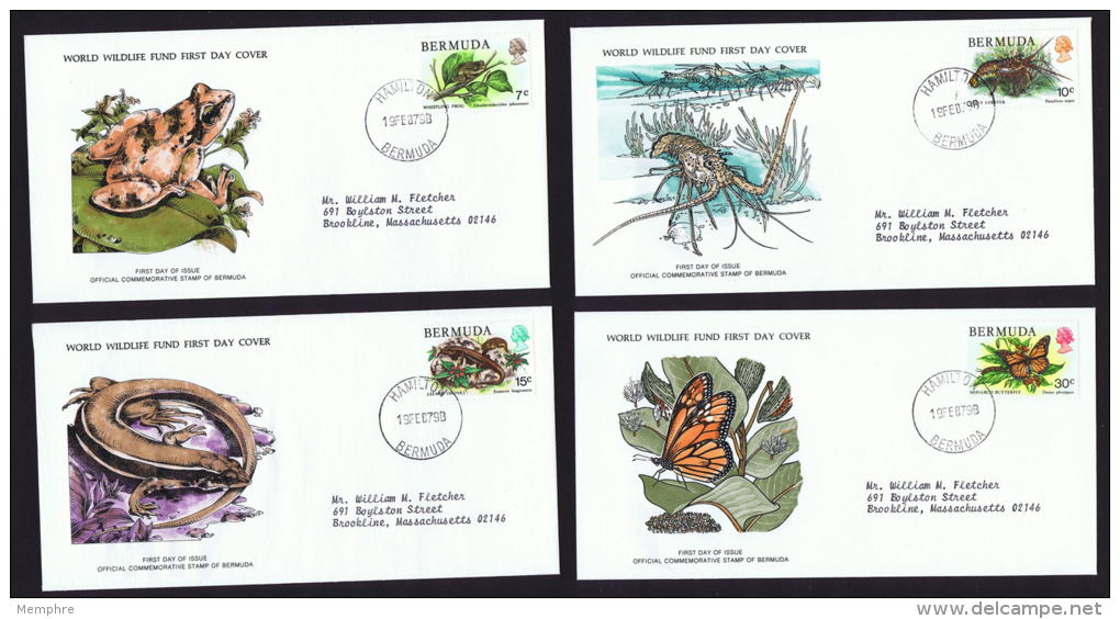 1979   Nature Series: Frog, Lobster, Lizard, Monarch Butterfly  WWF FDCs With Inserts - Bermudas