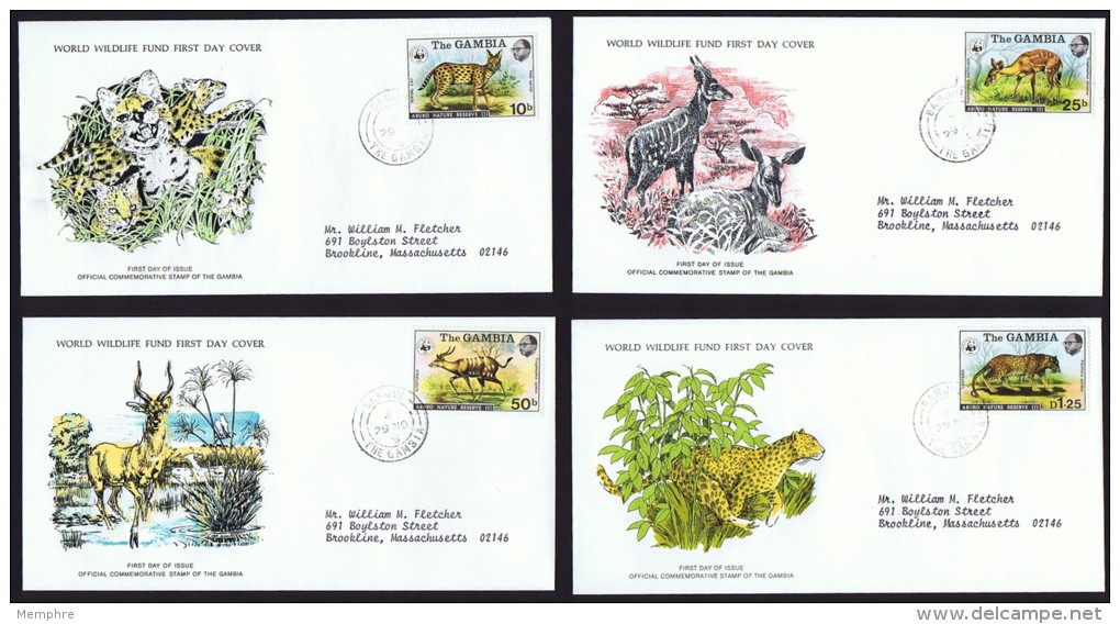 1976  Endangered Animals: Serval Cat, Antelope, Sitatunga, Leopard  WWF FDCs With Inserts - Gambia (1965-...)