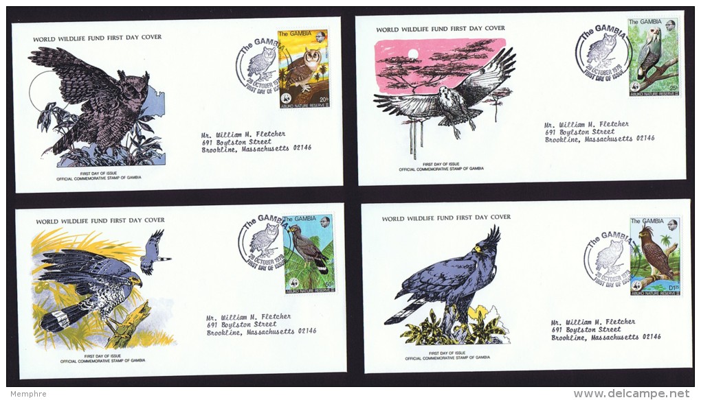 1979  Birds Of Prey: Owl, Buzzard, Hawk, Eagle   WWF FDCs With Inserts - Gambia (1965-...)