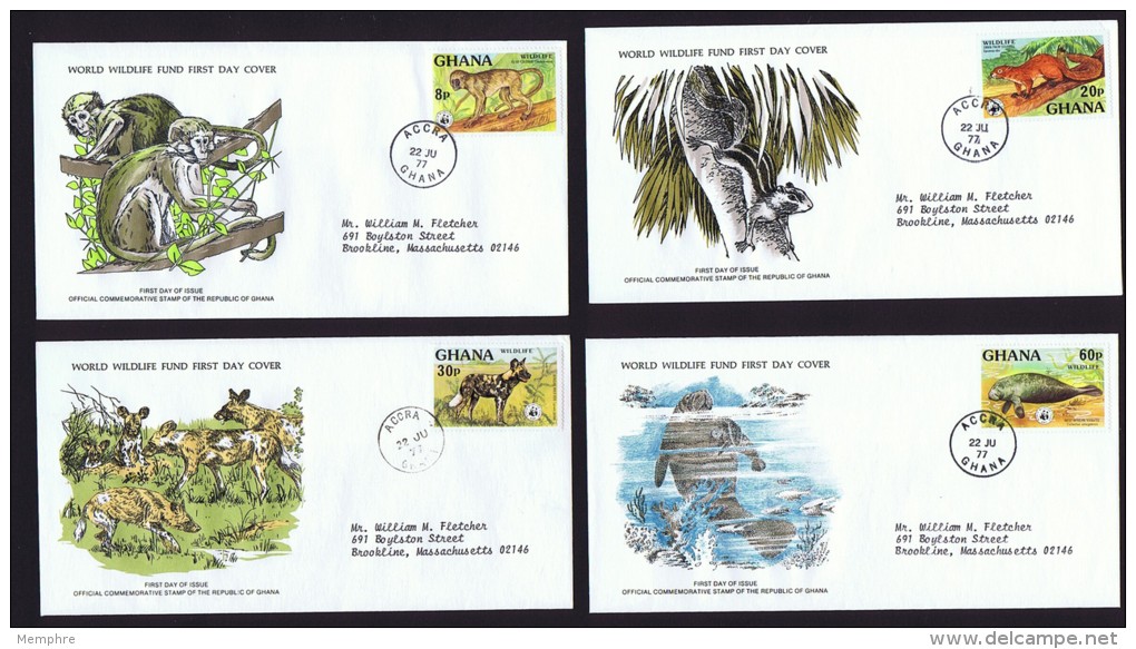 1977  Endaangered Animals: Colobus Monkey, Squirrel,  Wild Dog, Manatee  WWF FDCs With Inserts - Ghana (1957-...)