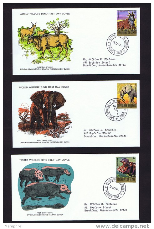 1977  Endaangered Animals: Orynx, Elephant, Hippopotamus   WWF FDCs With Inserts - Guinée (1958-...)