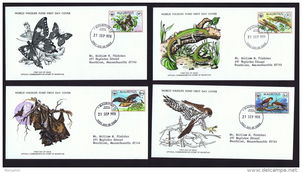 1978  Endangered Animals: Butterfly, Geckos, Flying Foxes, Kestrels     WWF FDCs With Inserts - Maurice (1968-...)