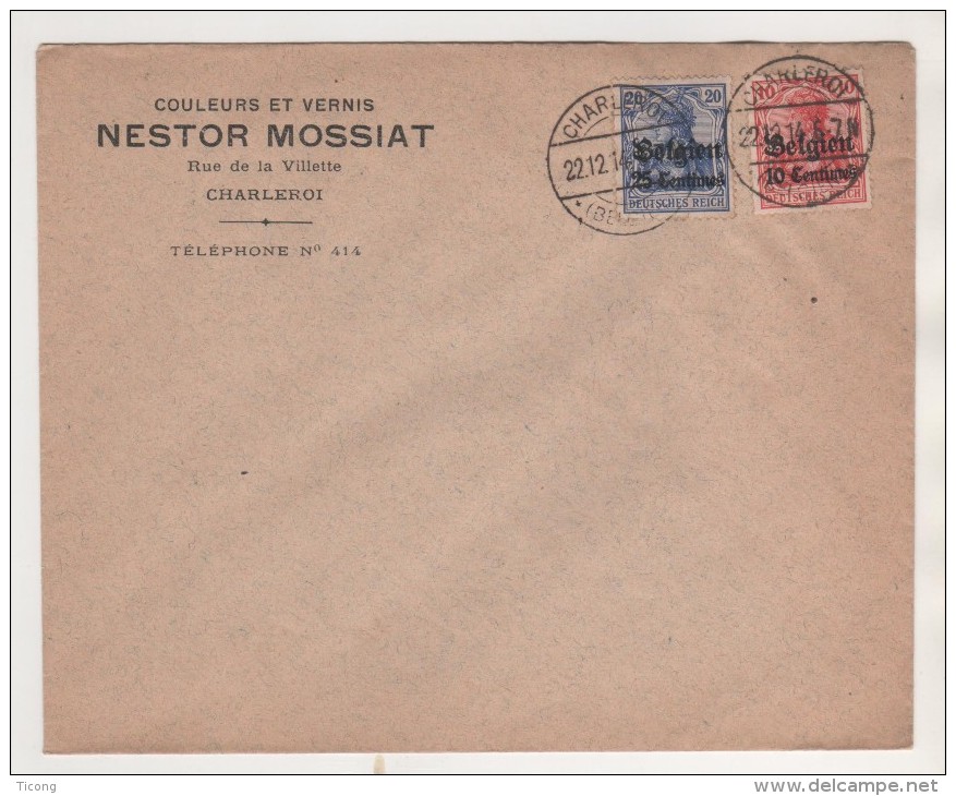 BELGIQUE OCCUPATION ALLEMANDE 1914 - 2 TIMBRES GERMANIA SURCHARGES - PUB NESTOR MOSSIAT CHARLEROI - Army: German