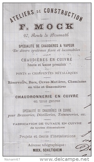 F73 - SCHILTIGHEIM 1888 - F. MOCK - ATELIERS DE CONSTRUCTION - CHAUDIERE - CHAUDRONNERIE -  ALSACE - BAS RHIN - 67 - - 1800 – 1899