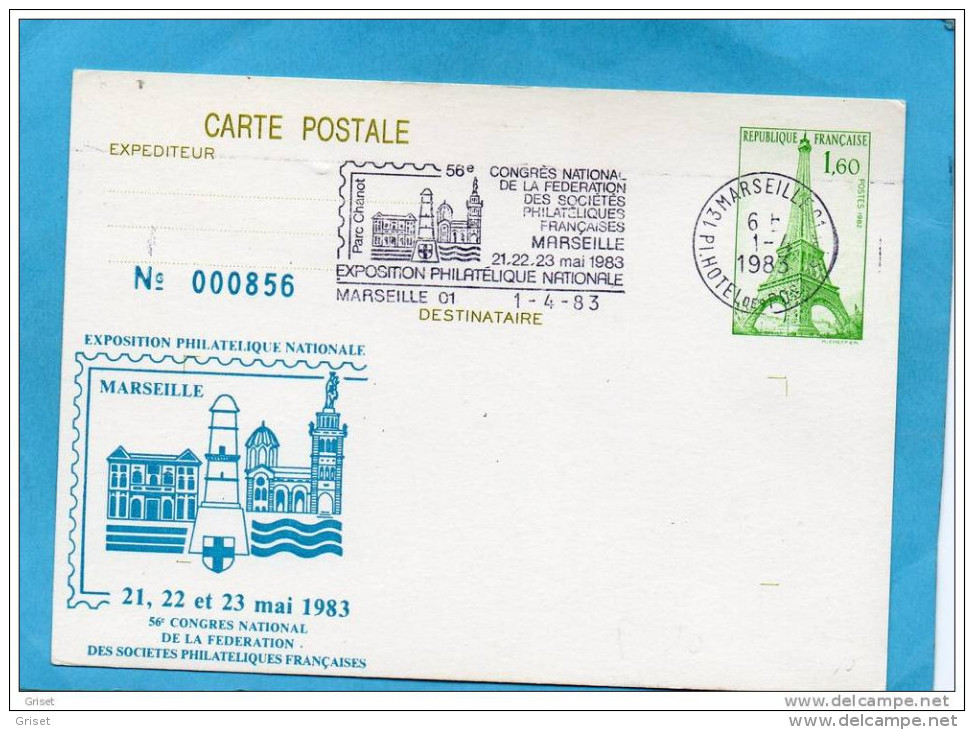 C P Entier Postal-1,60 Tour Eiffel-repiquage Congrés  Fédération Phil 1983-marseille-numérotée- Cad  Concordant - Bijgewerkte Postkaarten  (voor 1995)