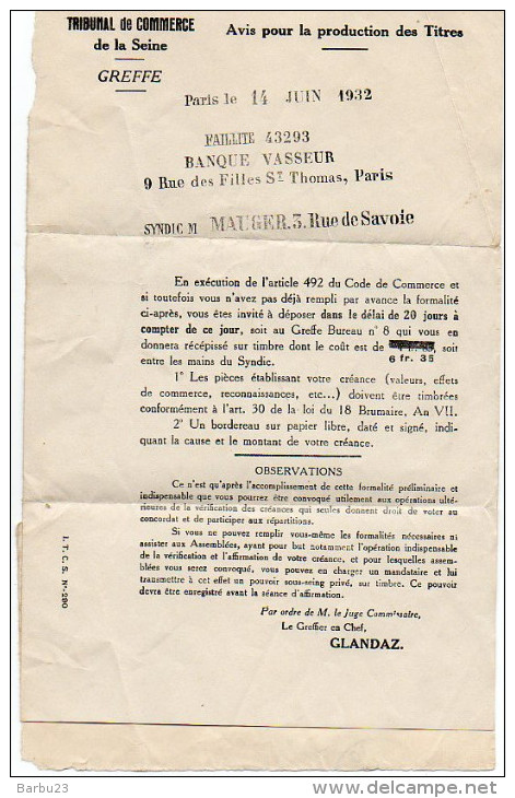 Affranchissement Mécanique 1932 Sur Pli Tribunal Du Commerce - Paris - Autres & Non Classés