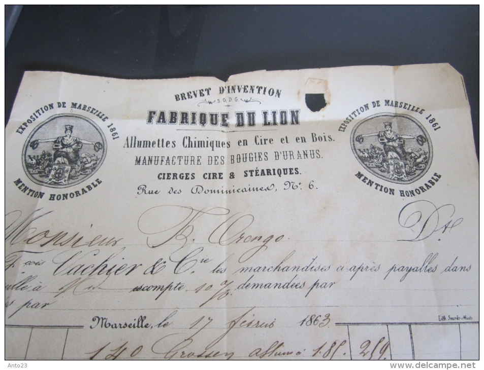 Facture De 1863 Brevets D Invention Fabrique Du Lion Allumette Chimique En Cire Et En Bois Exposition De Marseille 1861 - 1800 – 1899