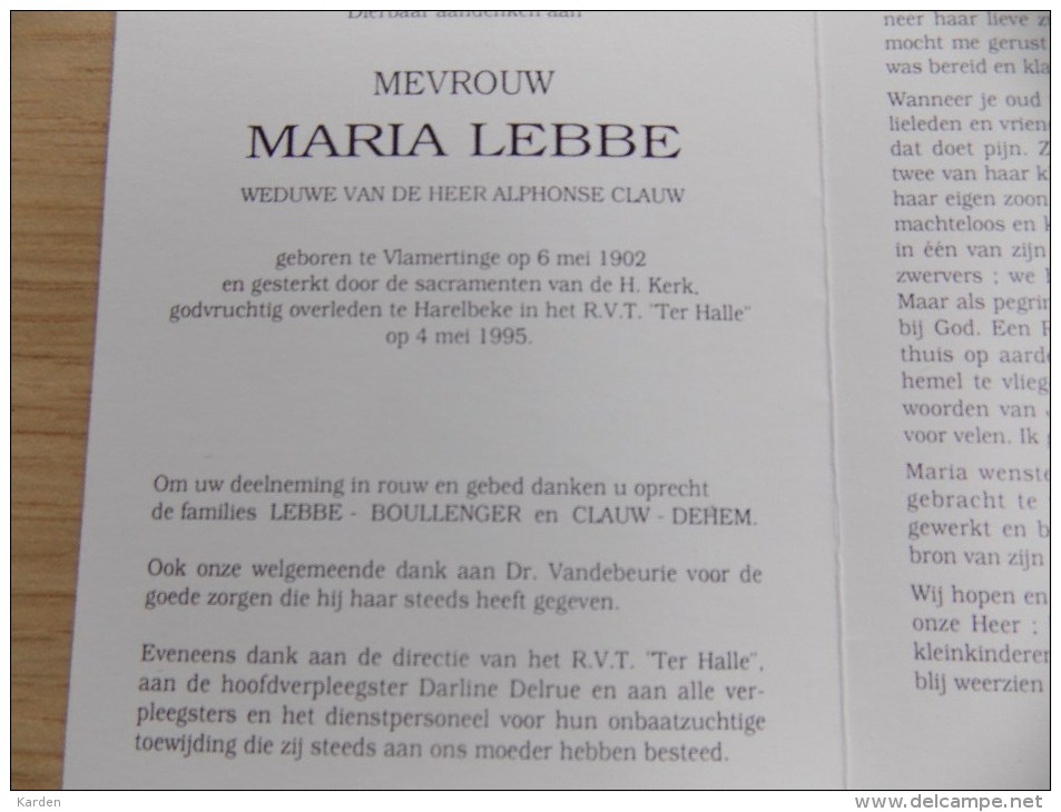 Doodsprentje Maria Lebbe Vlamertinge 6/5/1902 Harelbeke 4/5/1995 ( Alphonse Clauw ) - Religion & Esotericism