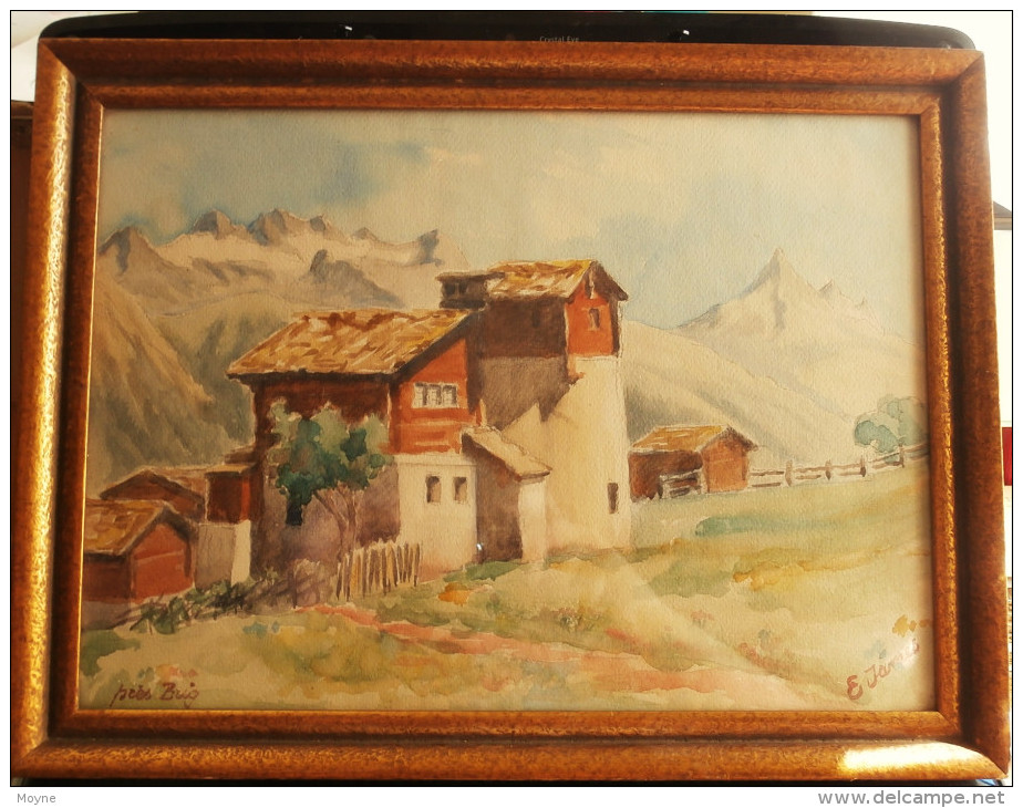 AQUARELLE Sur SUISSE -  VILLAGE De  MONTAGNES Prés BRIG -  Signée :, Trés Bon état - Wasserfarben