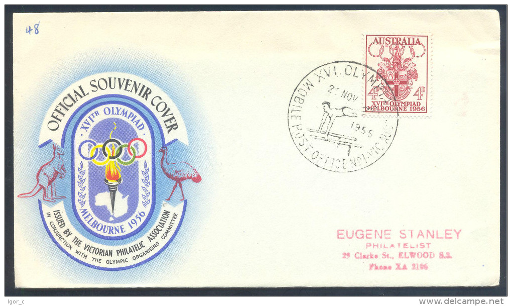 Australia Olympic Games 1956 Melbourne FDC Cover - Coat Of Arms Stamp - Gymnastics Paralel Bar Handstamp - Ete 1956: Melbourne