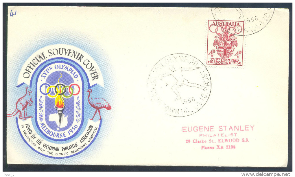 Australia Olympic Games 1956 Melbourne FDC Cover - Coat Of Arms Stamp - Fencing Handstamp - Ete 1956: Melbourne