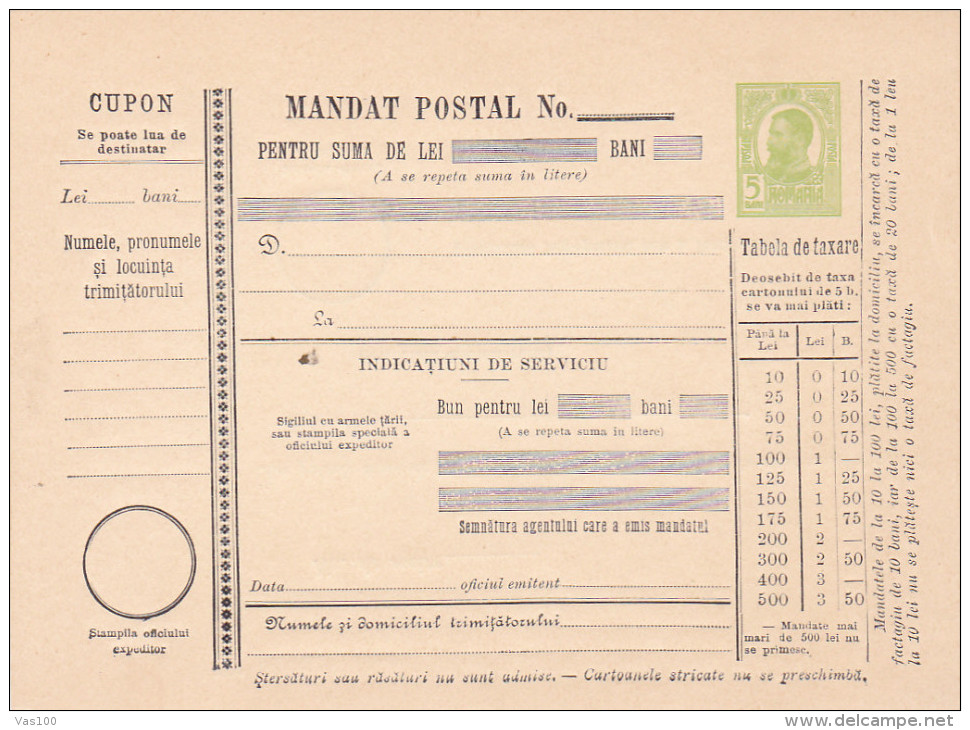 190? BULETIN D´EXPEDITION MANDATE POSTALE INTERNATIONALE,IMPRINTED POSTAGE 5 BANI,CAROL.(A1) - Colis Postaux