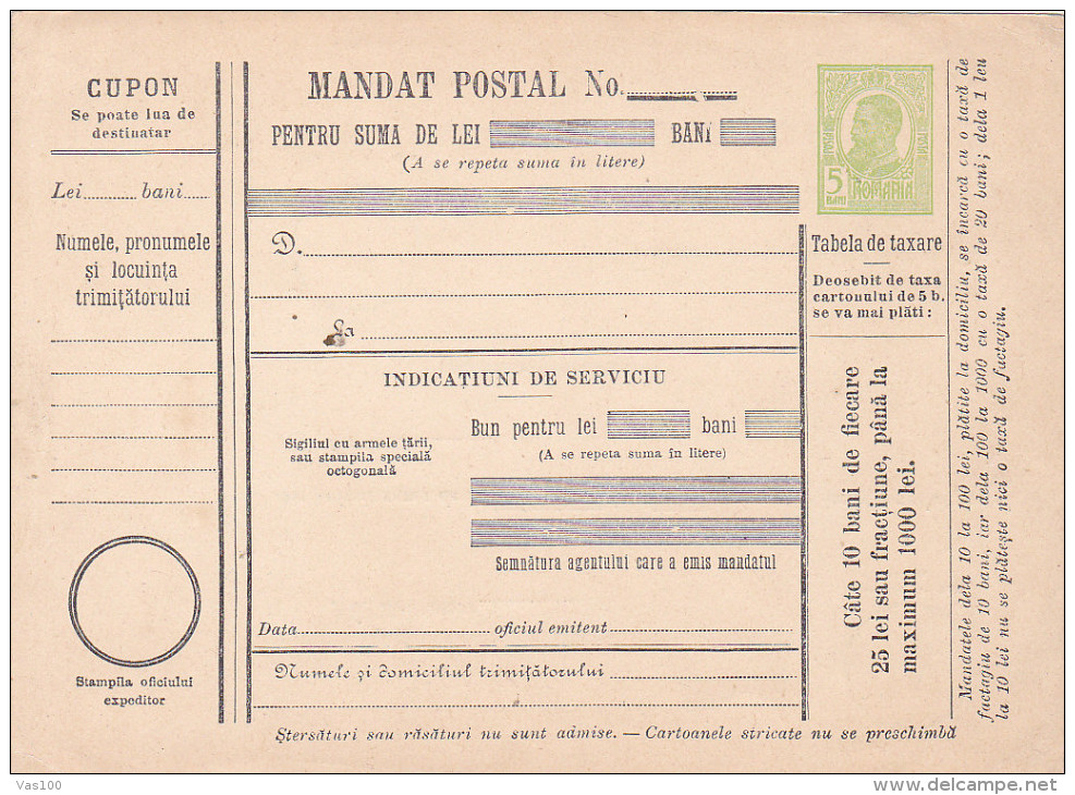 190? BULETIN D´EXPEDITION MANDATE POSTALE INTERNATIONALE,IMPRINTED POSTAGE 5 BANI,CAROL.(A1) - Colis Postaux