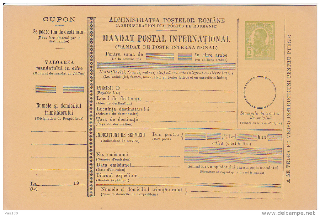 190? BULETIN D´EXPEDITION MANDATE POSTALE INTERNATIONALE,IMPRINTED POSTAGE 5 BANI,CAROL.(A1) - Parcel Post