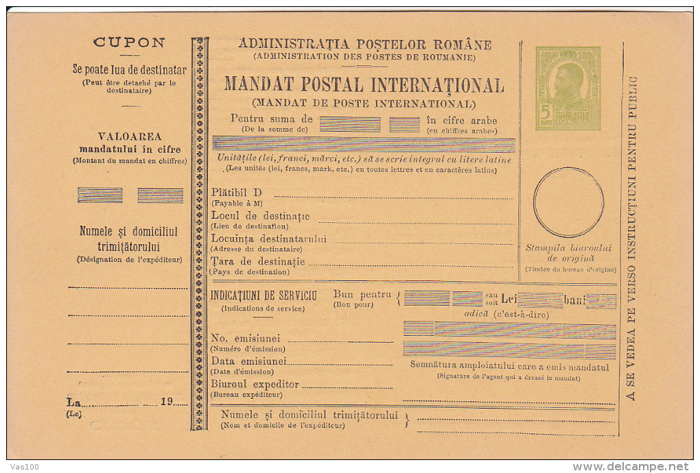 190? BULETIN D´EXPEDITION MANDATE POSTALE INTERNATIONALE,IMPRINTED POSTAGE 5 BANI,CAROL.(A1) - Pacchi Postali