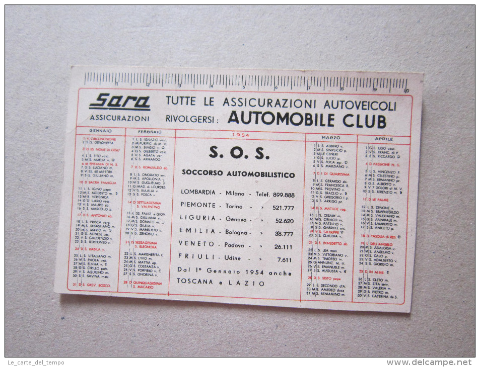 Calendarietto 1954 SARA Assicurazioni Autoveicoli AUTOMOBILE CLUB - Formato Grande : 1941-60