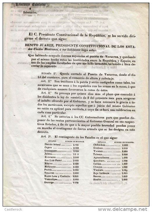 G)1861 MEXICO, JUAREZ SENT TROOPS TO CONFRONT THE  FRENCH AND SPANISH OCUPATION IN VERACRUZ, HISTORICAL DOCUMENT - Historical Documents