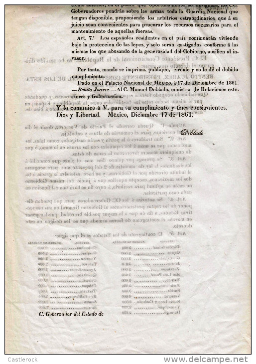 G)1861 MEXICO, JUAREZ SENT TROOPS TO CONFRONT THE  FRENCH AND SPANISH OCUPATION IN VERACRUZ, HISTORICAL DOCUMENT - Historical Documents