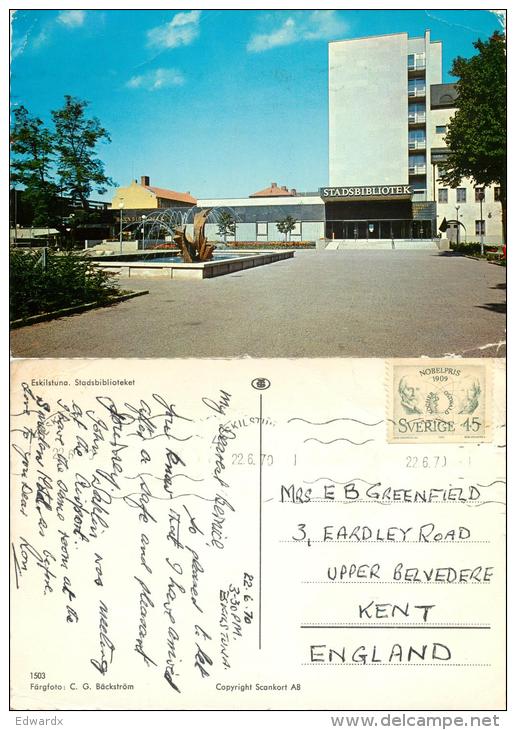 Library, Eskilstuna, Sweden Postcard Posted 1970 Stamp - Suède