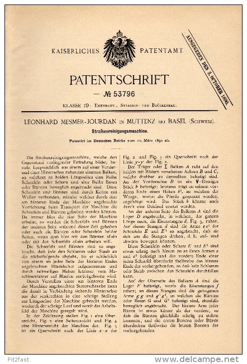 Original Patent - L. Mesmer-Jourdan In Muttenz B. Arlesheim , 1890, Maschine Für Straßenreinigung , Kehrmaschine , Base - Machines