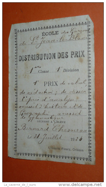 Vieux Papier, Distribution Des Prix, 1er Prix De Calcul, Ecole Des Garçons De Saint-Jean-le-Blanc 1924 - Diploma's En Schoolrapporten