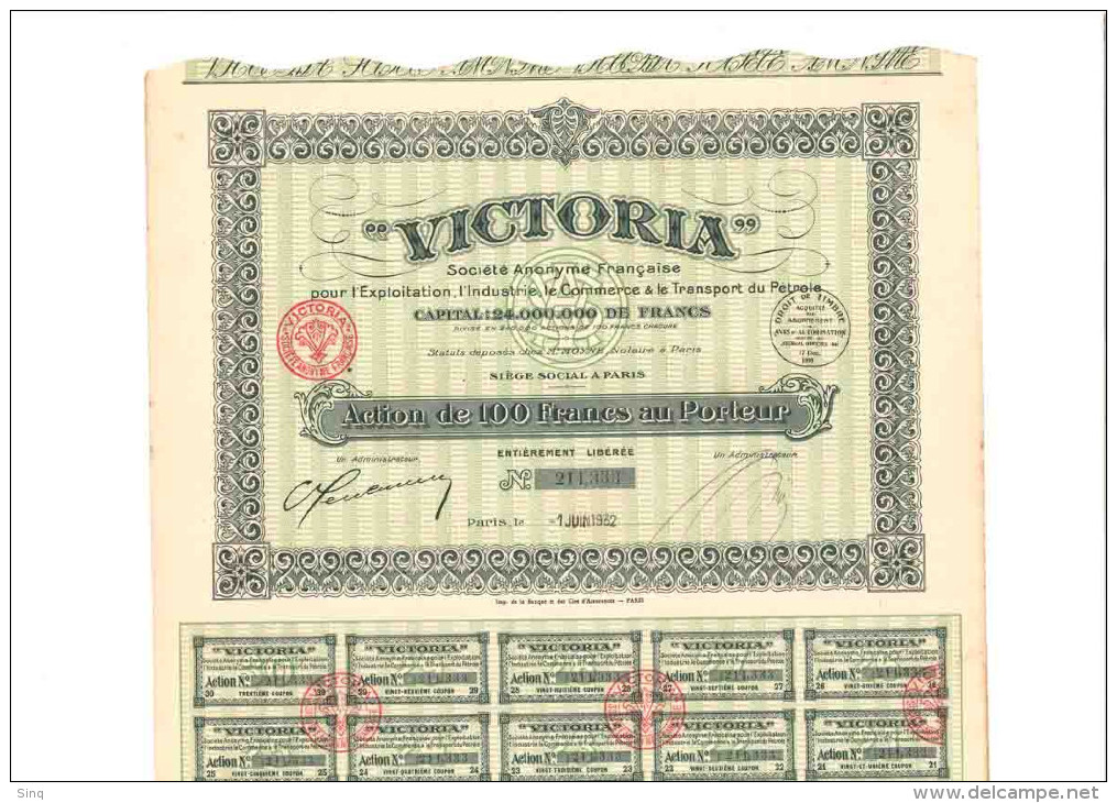 VICTORIA Action De 100 Francs Le 1er Juin 1932 - Pétrole