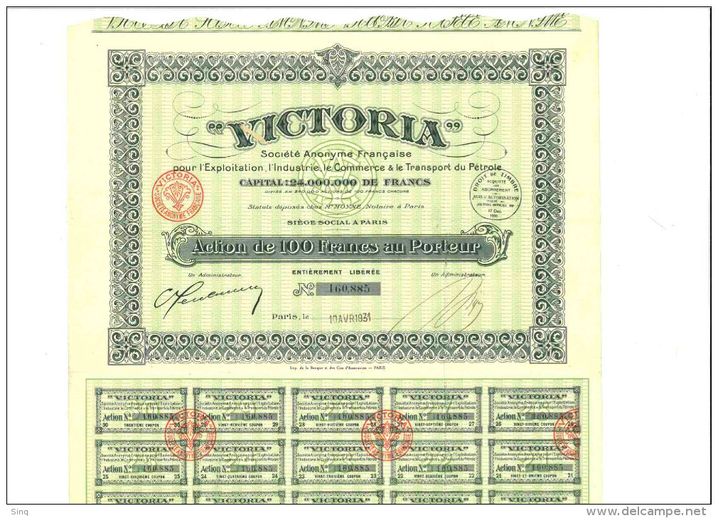 VICTORIA Action De 100 Francs Le 10 Avril 1931 - Oil