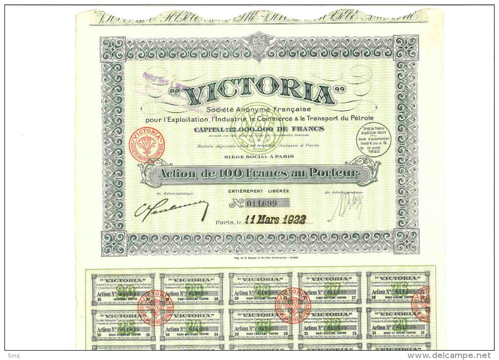 VICTORIA Action De 100 Francs Le 11 Mars 1922 - Oil