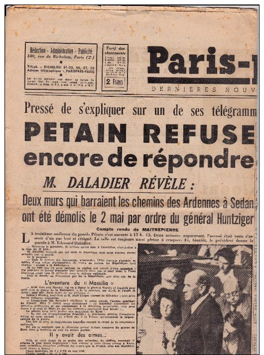 JOURNAL : PARIS PRESSE DE 26 JUILLET 1945 "PETAIN" - Autres & Non Classés