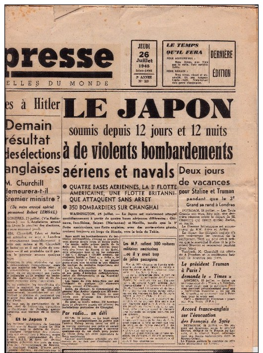 JOURNAL : PARIS PRESSE DE 26 JUILLET 1945 "PETAIN" - Autres & Non Classés