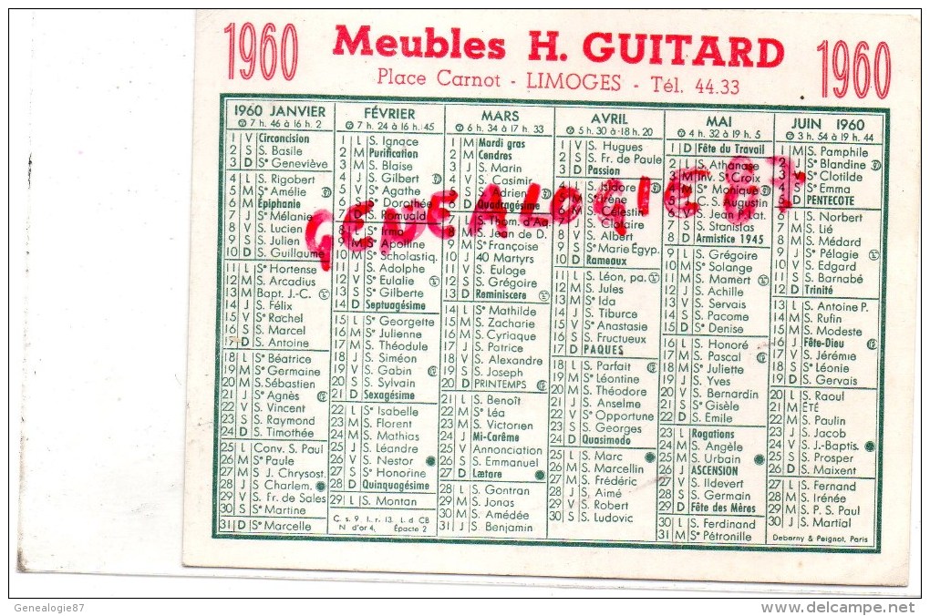 87 - LIMOGES - CARTE CALENDRIER - MEUBLES H. GUITARD   PLACE CARNOT 1960 - Autres & Non Classés