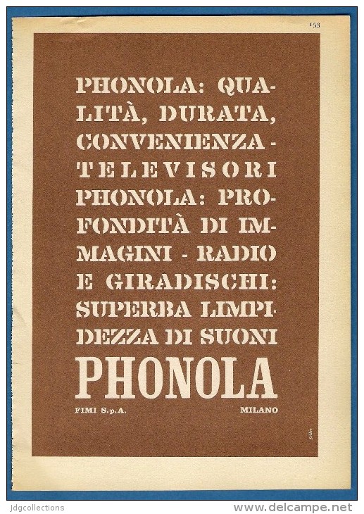 # PHONOLA TV TELEVISION ITALY 1950s Advert Pubblicità Publicitè Reklame Publicidad Radio TV Televisione - Fernsehgeräte