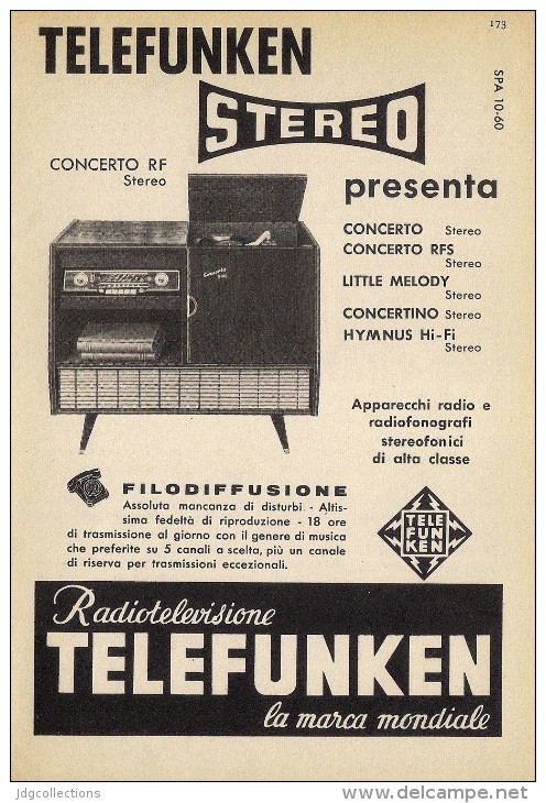 # TELEFUNKEN GIRADISCHI TURNTABLE ITALY 1950s Advert Pubblicità Publicitè Reklame Drehscheibe Radio TV Television - Autres & Non Classés