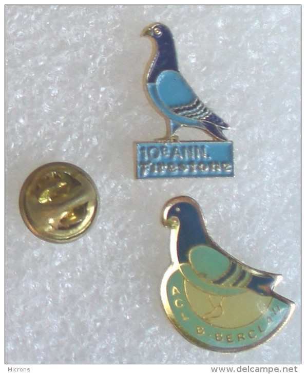 PIGEON 10 éme ANNIV. FIRESTONE & COLOMBOPHILIE BILLY BERCLAU 2 PIN'S      PPP    134 - Animals