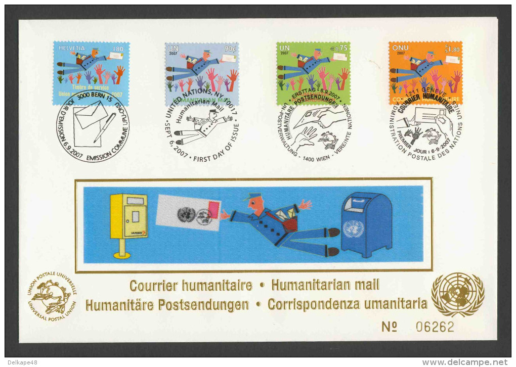 United Nations New York 2007 Letter / Brief + Mi 1074, 21, 583, 512 - Postman, Hands – Humanitarian Mail / Postsendungen - Gemeinschaftsausgaben New York/Genf/Wien