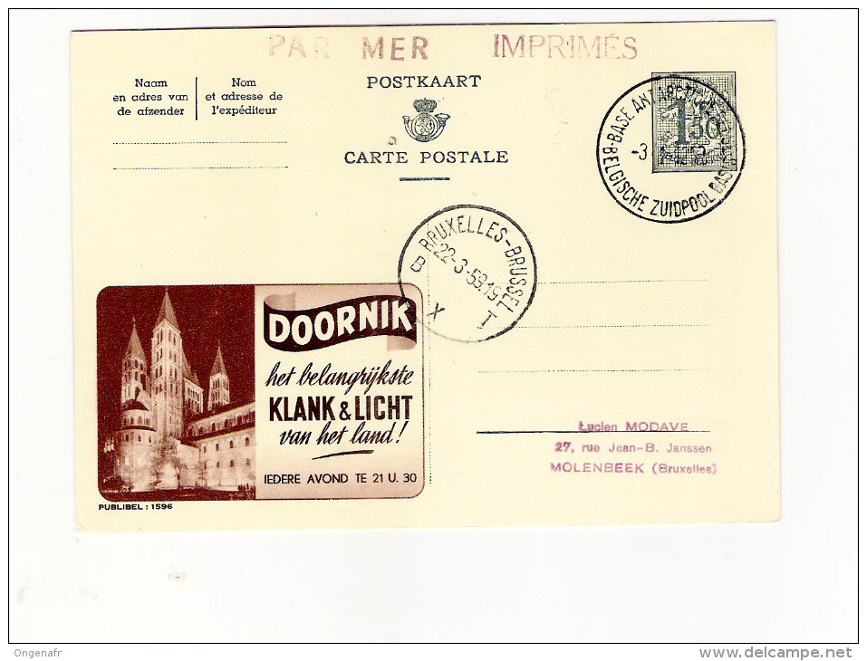Belgique: Publibel N° 1596 (Doornik) Obl Sur La Base Le 03/01/59  Arrivée Le 22/03/59 à Bxl(par Mer - Bases Antarctiques