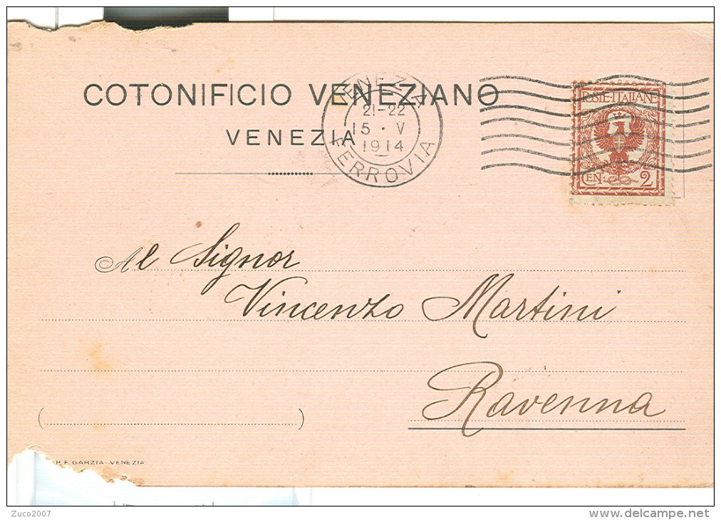 COTONIFICIO VENEZIANO, VENEZIA,  CARTOLINA COMMERCIALE VIAGGIATA  1914, PER RAVENNA, - Venezia