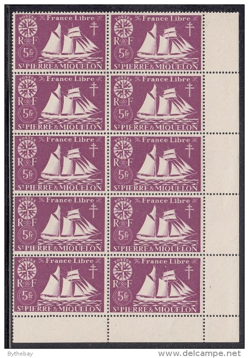 St Pierre Et Miquelon MNH Scott #311 Block Of 10 5fr Schooner Variety: Ink Line Through ´St Pierre´ Of Bottom Pair - Blocs-feuillets