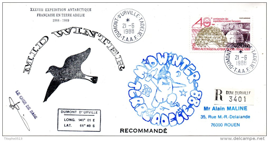TAAF. PA 102 De 1988 Sur Enveloppe Commémorative. Mid Winter En Terre Adélie. - Midwinter