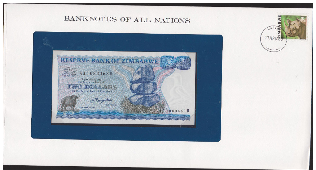 ZIMBABWE P-1a 2 Dollars 1980 ON COVER NICE UNC CONDITION BANKNOTE - Zimbabwe