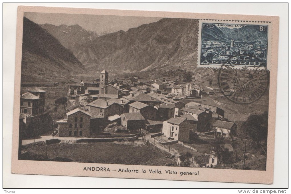 ANDORRE ANDORRA LA VELLA VISTA GENERAL , CARTE MAXIMUM 20 4 1949 - EDITION  D ARENY - VOIR LES SCANNERS - Briefe U. Dokumente