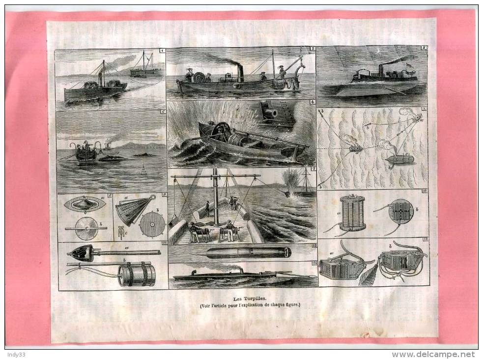 - LES TORPILLES . GRAVURE SUR BOIS DU XIXe S . DECOUPEE ET COLLEE SUR PAPIER . - Boats