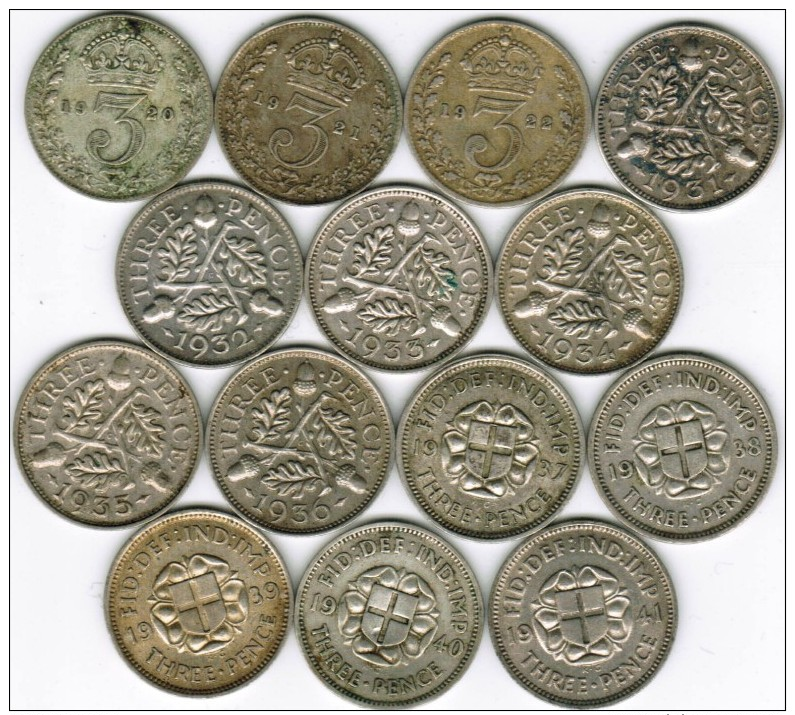 GB British Collection Of 14 Silver 3 Pence Threepence Coins All Different & Listed - F. 3 Pence