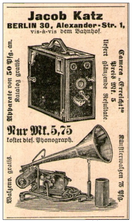 Original-Werbung/Inserat/ Anzeige 1902 - CAMERA / PHONOGRAPH - KATZ BERLIN Ca. 35 X 60 Mm - Werbung