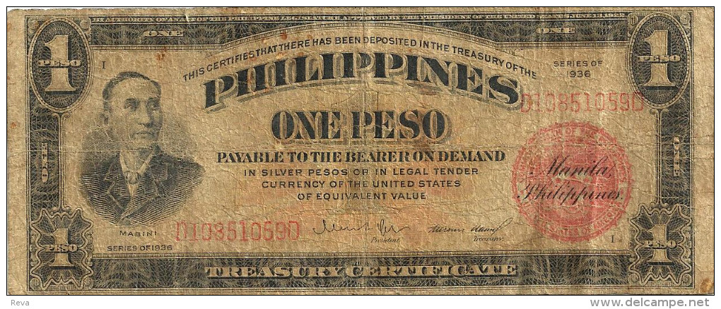 PHILLIPINES USA 1 PESO BLACK MAN FRONT MOTIF BACK DATED SERIES 1936 RED SEAL P? AF READ DESCRIPTION !! - Filipinas