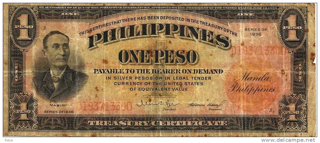 PHILLIPINES USA 1 PESO BLACK MAN FRONT MOTIF BACK DATED SERIES 1936 RED SEAL P? AF READ DESCRIPTION !! - Filipinas