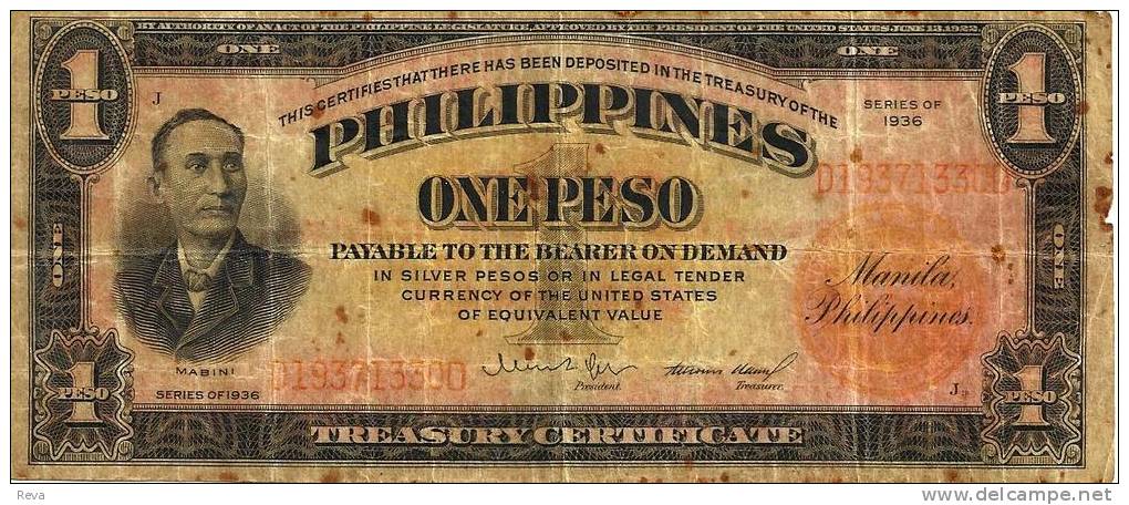 PHILLIPINES USA 1 PESO BLACK MAN FRONT MOTIF BACK DATED SERIES 1936 RED SEAL P? AF READ DESCRIPTION !! - Philippines