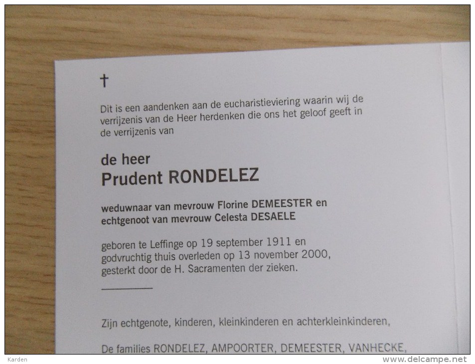 Doodsprentje Prudent Rondelez Leffinge 19/9/1911 - 13/11/2000 ( Florine Demeester En Celesta Desaele ) - Religione & Esoterismo