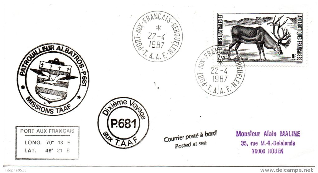 TAAF. N°138 De 1987 Sur Enveloppe Commémorative. Patrouilleur Albatros/Renne. - Poolshepen & Ijsbrekers